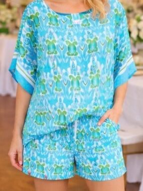TALBOTS Ikat Silk Top with Cotton Shorts Size L 2 Piece Set RESORT VACATIONS
